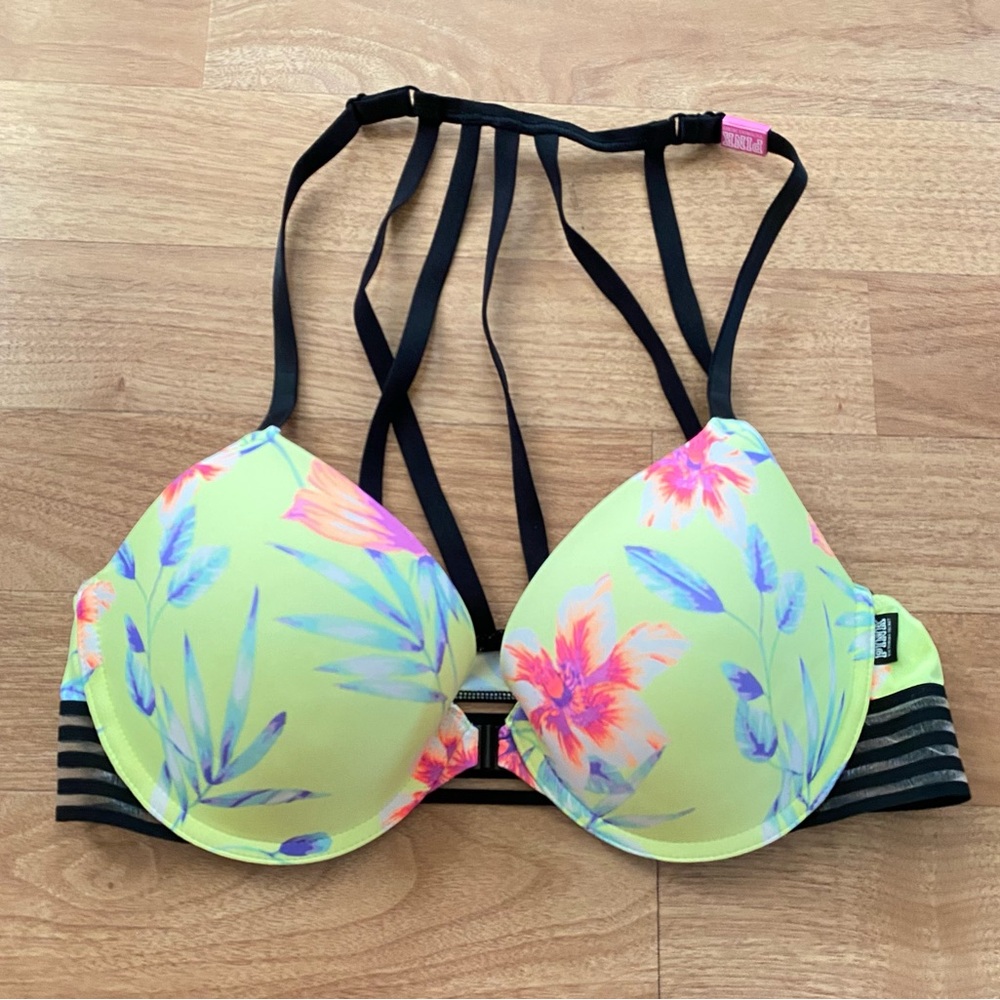 MWT PINK Green Strappy Tropical Bra